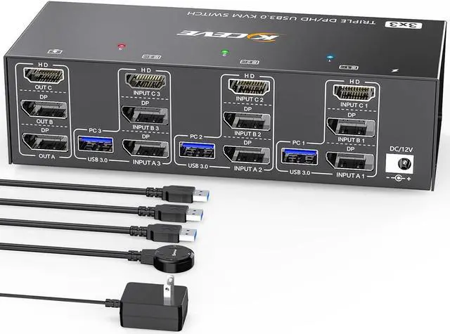 2 Displayport + HDMI USB 3.0 KVM Switch 3 Monitors 3 Computers 8K 60Hz 4K 144Hz Triple Monitor KVM with 4 USB 3.0 Ports KVM Triple Monitor Keyboard Mouse Switcher Included KVM Cables