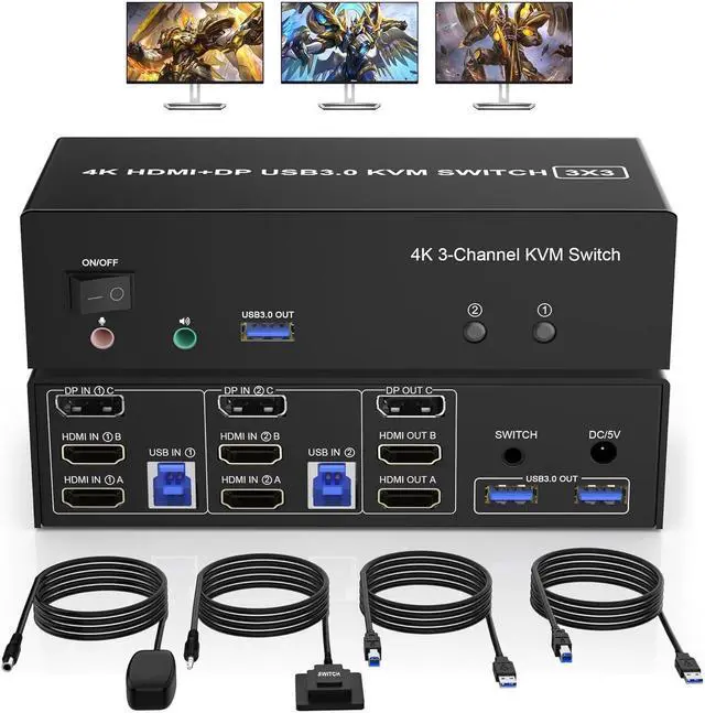 [2 HDMI + 1 Displayport] KVM Switch 3 Monitor 2 Computers 4K 60Hz Triple Monitor KVM Switch with Audio&microphone and 3 USB 3.0 Ports 2 Computers Share 3 Monitors Keyboard Mouse Switcher