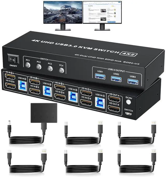 2 HDMI Port KVM Switch Box for 4 Computers Share 2 Monitors Vszerda Dual Monitor with 3 USB 3.0 Ports Support 4K 60Hz Copy Extended Splicing Display Button Controller & 4 USB Cables Included