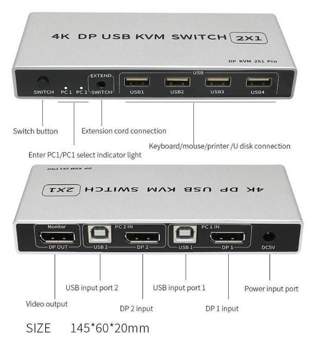 2 In 1 Out Displayport USB KVM Switch DP Switcher 4Kx2K/60Hz Share Printer Keyboard And Mouse U Disk