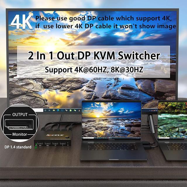 2 In 1 Out Dispplayport KVM Switch 2 Port DP KVM Switcher With 2.0 USB Hub Support 4K 60Hz Control Up To 2 Computers For Share Keyboard Mouse Monitor