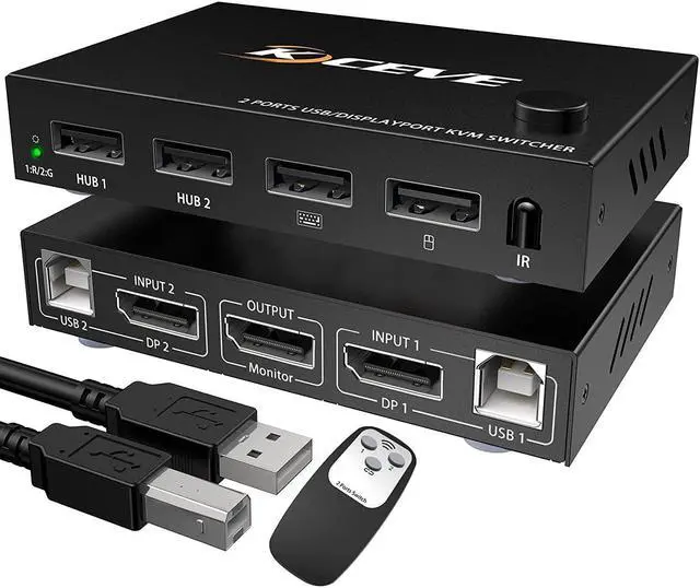 2 in 1 Out Dispplayport KVM Switch 2 Port DP KVM Switcher with 2.0 USB Hub Support 4K 60Hz Control Up to 2 Computers for Share Keyboard Mouse Monitor