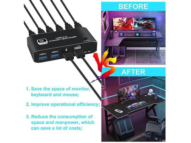 2 In 1 Out HDMI KVM Switch 8K USB Switch 2x1 HDMI2.1 Ports + 4x USB3.0 KVM Ports Share 2 Computers One Monitor Switch Supports 8K 60Hz 4K 120Hz YUV 4:4:4 HDCP 2.3 H-D-R 10 Hotkey Darkish