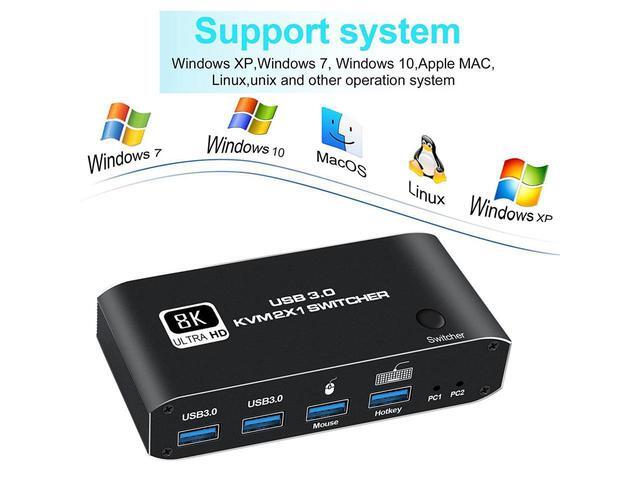 2 In 1 Out HDMI KVM Switch 8K USB Switch 2x1 HDMI2.1 Ports + 4x USB3.0 KVM Ports Share 2 Computers One Monitor Switch Supports 8K 60Hz 4K 120Hz YUV 4:4:4 HDCP 2.3 H-D-R 10 Hotkey Darkish