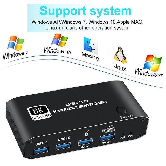 2 In 1 Out HDMI KVM Switch 8K USB Switch 2x1 HDMI2.1 Ports + 4x USB3.0 KVM Ports Share 2 Computers One Monitor Switch Supports 8K 60Hz 4K 120Hz YUV 4:4:4 HDCP 2.3 H-D-R 10 Hotkey Darkish
