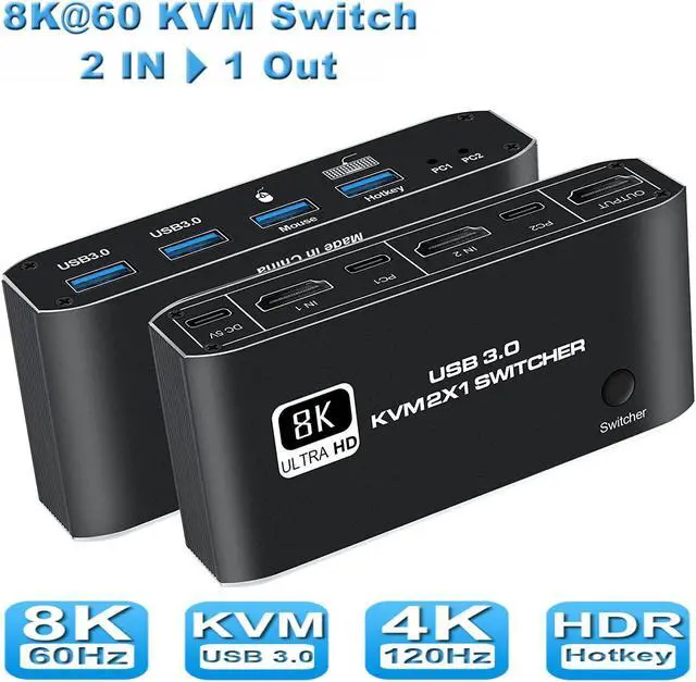 2 in 1 Out HDMI KVM Switch 8K USB Switch 2x1 HDMI2.1 Ports + 4x USB3.0 KVM Ports Share 2 Computers one Monitor Switch Supports 8K 60Hz 4K 120Hz YUV 4:4:4 HDCP 2.3 H-D-R 10 Hotkey Darkish