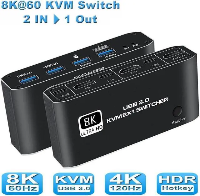 2 in 1 Out HDMI KVM Switch 8K USB Switch 2x1 HDMI2.1 Ports + 4x USB3.0 KVM Ports Share 2 Computers one Monitor Switch Supports 8K 60Hz 4K 120Hz YUV 4:4:4 HDCP 2.3 H-D-R 10 Hotkey Darkish