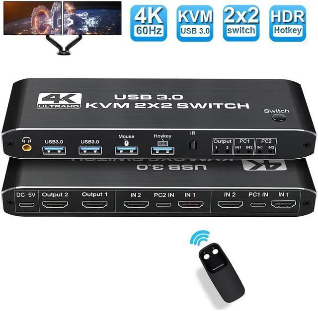 2 in 2 Out 4K HDMI 2.0 KVM Switch with 3.5mm Jack Audio Output USB 3.0 HDMI KVM Switch 2x2 for 2 Computers and 2 Monitors 4K 60Hz with 3 Display Method Hot Key Switching IR Control