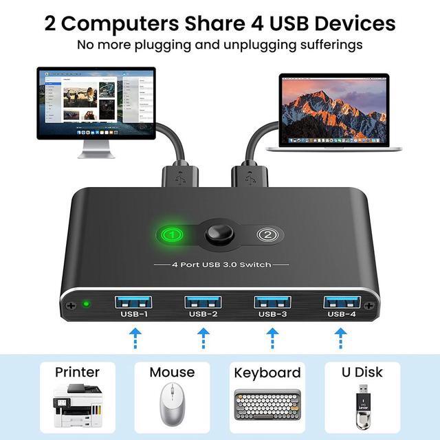 2 In 4 Out USB Switch USB 3.0 Switch Aluminum KM Switch 2 Computers Sharing 4 USB Devices KM Switches 5V USB-C Powered For PC Printer Scanner Mouse Keyboard With 2 USB 3.0 Cable One Button Switch