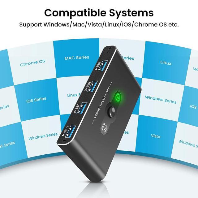 2 In 4 Out USB Switch USB 3.0 Switch Aluminum KM Switch 2 Computers Sharing 4 USB Devices KM Switches 5V USB-C Powered For PC Printer Scanner Mouse Keyboard With 2 USB 3.0 Cable One Button Switch