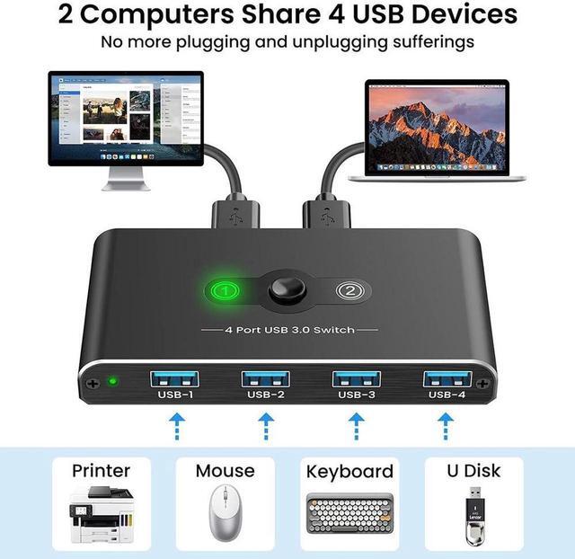2 In 4 Out USB Switch USB 3.0 Switch Aluminum KM Switch 2 Computers Sharing 4 USB Devices KM Switches 5V USB-C Powered For PC Printer Scanner Mouse Keyboard With 2 USB 3.0 Cable One Button Switch
