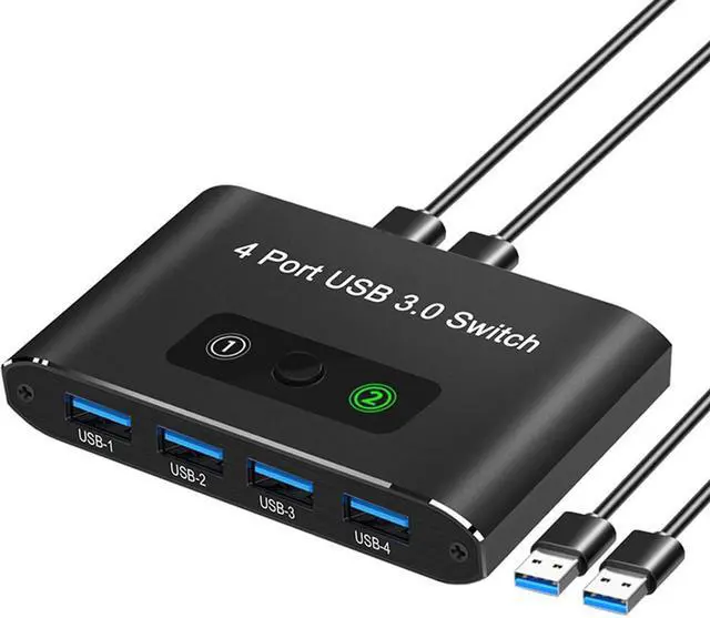 2 in 4 Out USB Switch USB 3.0 Switch Aluminum KM Switch 2 Computers Sharing 4 USB Devices KM Switches 5V USB-C Powered for PC Printer Scanner Mouse Keyboard with 2 USB 3.0 Cable One Button Switch