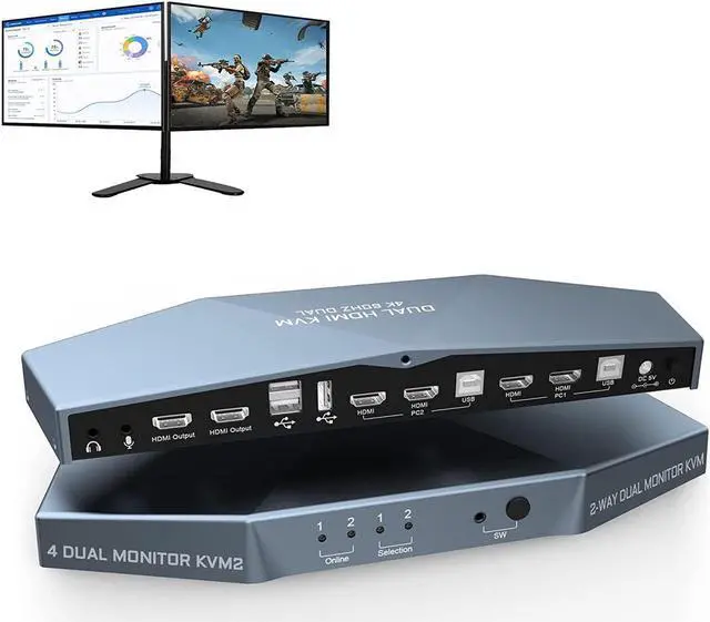 2 PCs Dual Monitor HDMI KVM Switch 4K 60Hz Support HDCP 2.2 HDMI + HDMI 4x2 Dual Monitor KVM Switch for 2 PCs and 2 Monitors