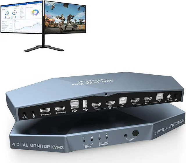 2 PCs Dual Monitor HDMI KVM Switch 4K 60Hz Support HDCP 2.2 HDMI + HDMI 4x2 Dual Monitor KVM Switch for 2 PCs and 2 Monitors