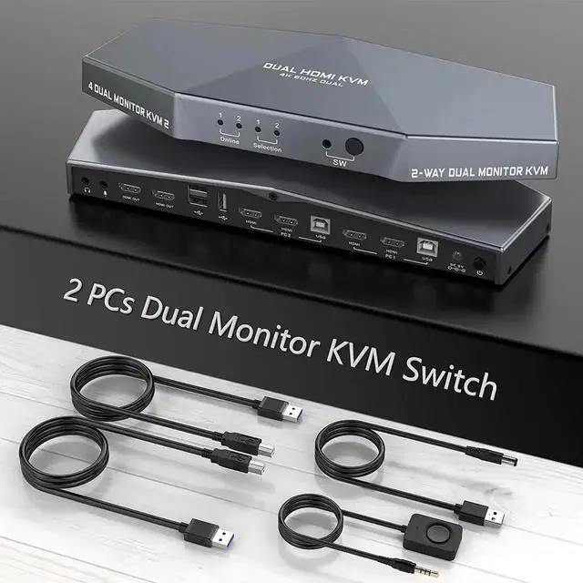 2 PCs Dual Monitor KVM Switch 4K HDMI KVM Switch Dual Monitor Suitable for 2 Computers + 2 Monitors with Audio USB Powered Hotkey Switch 4K Monitor hdmi Switch with Cables
