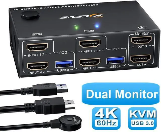 2 Port 4K 60Hz Dual Monitor HDMI KVM Switch with USB 3.0 Port Simulation EDID USB HDMI Extended Display Switcher for 2 Computers Share 2 Monitors and 4 USB 3.0 Devices with Wired Controller&Cables
