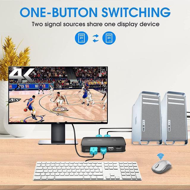 2 Port 4K HDMI KVM Switch Box USB And HDMI KVM Switch For 2 Computers Share Keyboard Mouse Printer And One HD Monitor Support UHD 4K 30Hz With Remote Controller And 2 HDTV KVM Cables