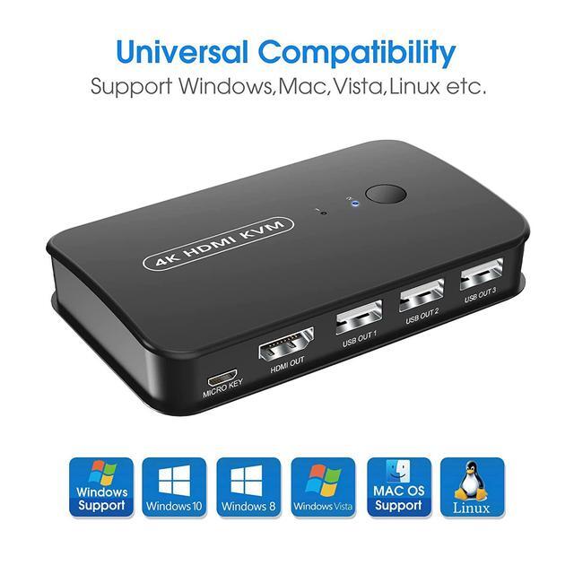 2 Port 4K HDMI KVM Switch Box USB And HDMI KVM Switch For 2 Computers Share Keyboard Mouse Printer And One HD Monitor Support UHD 4K 30Hz With Remote Controller And 2 HDTV KVM Cables