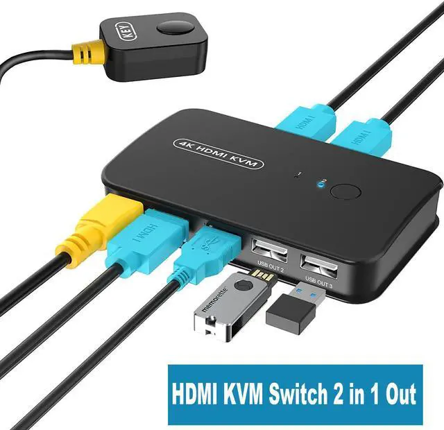 2 Port 4K HDMI KVM Switch Box USB and HDMI KVM Switch for 2 Computers Share Keyboard Mouse Printer and one HD Monitor Support UHD 4K 30Hz with Remote Controller and 2 HDTV KVM Cables
