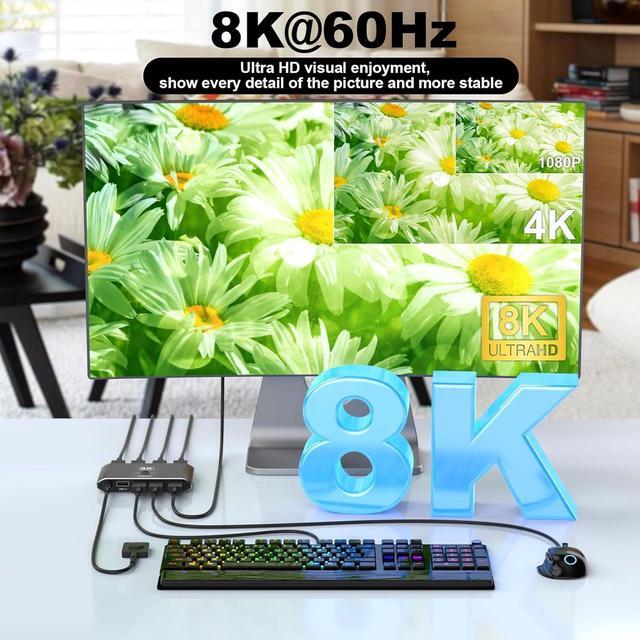 2 Port 8K HDMI KVM Switch Box USB 3.0 USB And HDMI Switch Selector For 2 Computers Share Keyboard Mouse Printer And One Monitor HDMI KVM Switch 2 In 1 Out Support UHD 8K 60Hz With Remote Controller