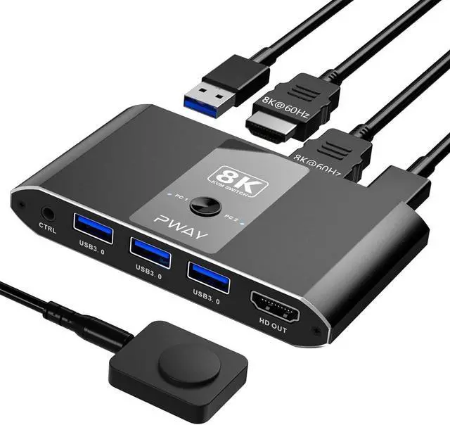 2 Port 8K HDMI KVM Switch Box USB 3.0 USB and HDMI Switch Selector for 2 Computers Share Keyboard Mouse Printer and One Monitor HDMI KVM Switch 2 in 1 Out Support UHD 8K 60Hz with Remote Controller