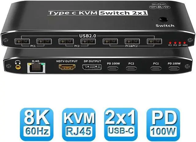 2 Port 8K USB-C KVM Switch 2 in 1 Out 8K 60Hz 4K 120Hz 2 PC to 1 Monitor(DP/HDMI) 2-Port 100W PD with 7 USB 2.0 Ports + 3.5mm Audio + RJ45 Network for Sharing Keyboard Mouse U Disk