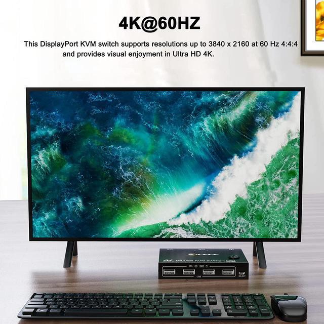 2 Port Display Port KVM DP Switch 2 In 1 Out DisplayPort KVM Switcher Support 4K 60Hz Control Up To 2 Computers For Share Keyboard Mouse Monitor