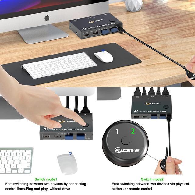 2 Port Display Port KVM DP Switch 2 In 1 Out DisplayPort KVM Switcher Support 4K 60Hz Control Up To 2 Computers For Share Keyboard Mouse Monitor