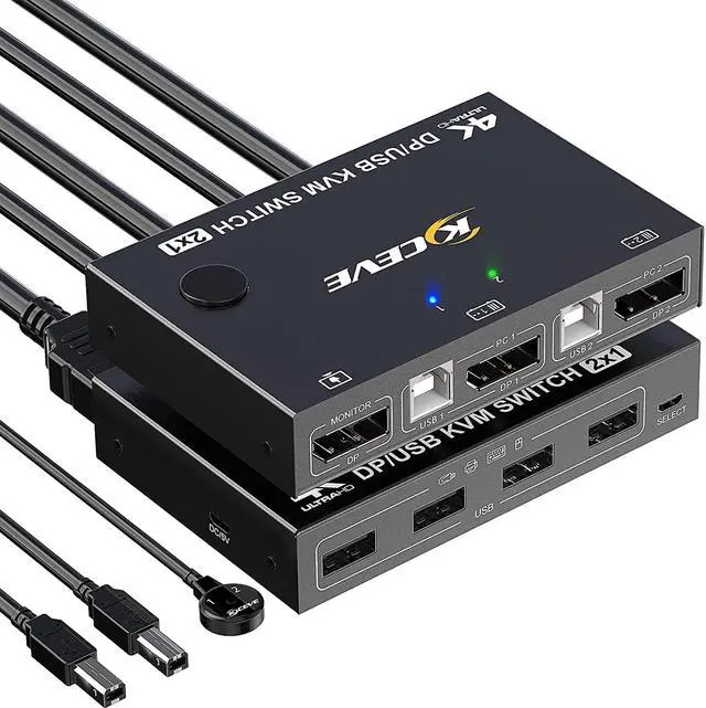 2 Port Display Port KVM DP Switch 2 in 1 Out DisplayPort KVM Switcher Support 4K 60Hz Control Up to 2 Computers for Share Keyboard Mouse Monitor