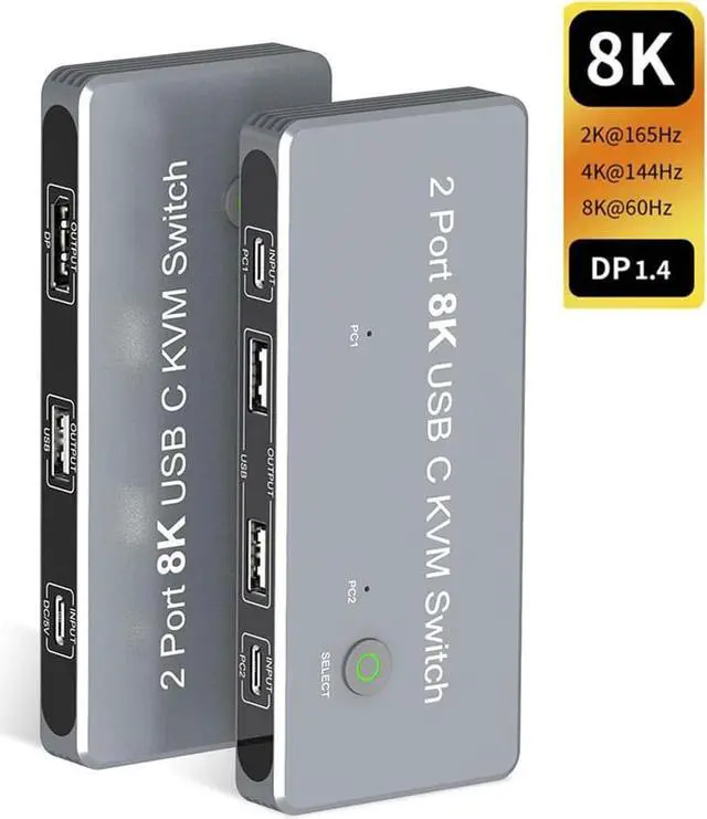 2 Port DisplayPort 1.4 8K KVM Switch DP 2 PC Input 1 DP Output DisplayPort Monitor 8K 60Hz 4K 144Hz with 3X USB2.0 Port Sharing one USB Keyboard Mouse U disks