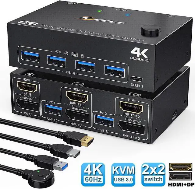 2 Port Displayport + HDMI Dual Monitor KVM Switch USB 3.0 HDMI DP Extended Display Switcher for 2 Computers Share 2 Monitors Support 4K 60Hz with 4 USB 3.0 Ports Wired Remote and 4 Cables Included