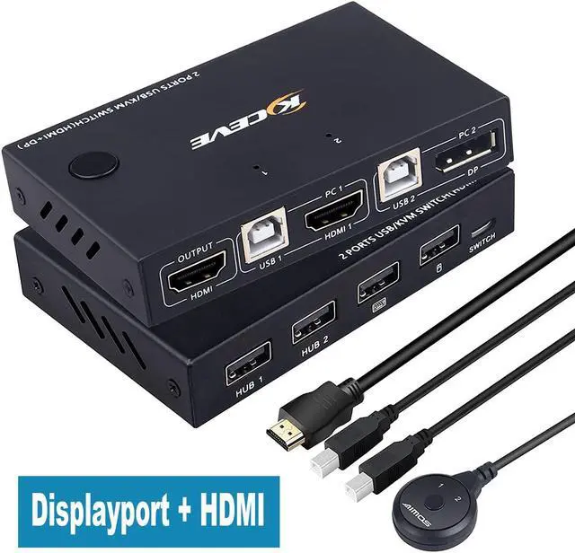 2 Port Displayport + HDMI KVM Switch HDMI and Displayport USB KVM Switch for 2 Computers Share One Set Keyboard Mouse Printer and One Monitor DP Support for 1920 * 1200 30Hz HDMI Support 4K 30Hz