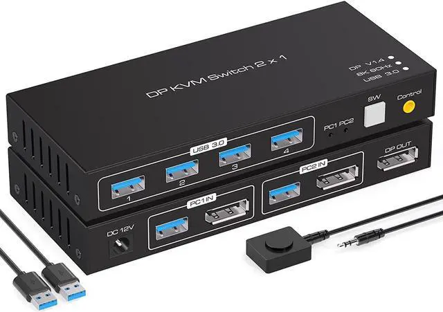 2 Port Displayport KVM Switch 2 in 1 Out 8K DisplayPort 1.4 USB 3.0 KVM Switch for 2 Computers Share Keyboard Mouse Printer Support 8K 60HZ 4K 120Hz with 4 Port USB 3.0 Support Desktop Control