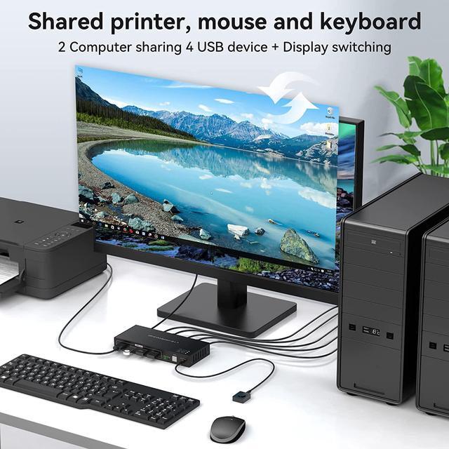 2 Port Displayport KVM Switch 2 In 1 Out Support 4K 120HZ 8K 60HZ DP 1.4 USB 3.0 KVM Switcher For 2 Computers Share Keyboard Mouse Printer With 4x USB 3.0 Includes Desktop Control And 2 USB Cables