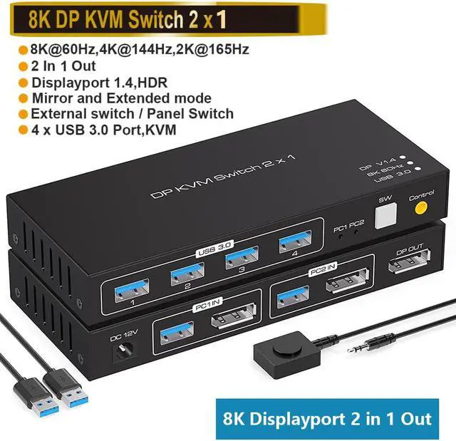 2 Port Displayport KVM Switch 2 in 1 Out Support 4K 120HZ 8K 60HZ DP 1.4 USB 3.0 KVM Switcher for 2 Computers Share Keyboard Mouse Printer with 4x USB 3.0 Includes Desktop Control and 2 USB Cables