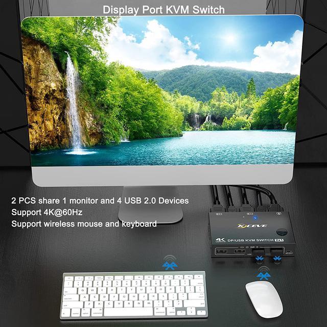 2-Port DisplayPort KVM Switch 2 Port DP1.2 KVM Switch Two Computers One Monitor To Share Mouse Keyboard Printer Scanner Support 4K 60Hz 2 USB Cables And Wired Controller Included