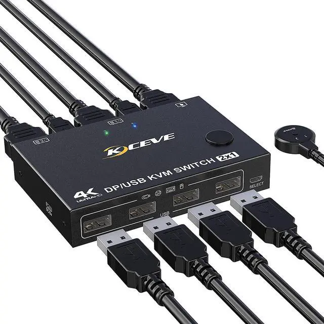 2-Port DisplayPort KVM Switch 2 Port DP1.2 KVM Switch Two Computers One Monitor to Share Mouse Keyboard Printer Scanner Support 4K 60Hz 2 USB Cables and Wired Controller Included