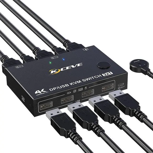 2-Port DisplayPort KVM Switch 2 Port DP1.2 KVM Switch Two Computers One Monitor to Share Mouse Keyboard Printer Scanner Support 4K 60Hz 2 USB Cables and Wired Controller Included