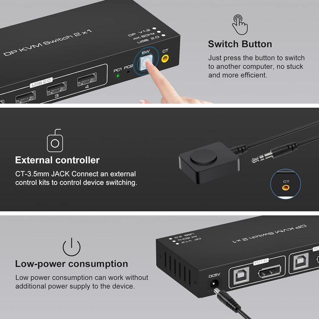 2 Port Displayport KVM Switch 4K 60Hz USB 2.0 DP 1.2 DP KVM Switches For 2 PC 1 Monitor Switch DP KVM Switch 2 In 1 Out Support Wire-Desktop Controller Including 2 USB 2.0 Cable