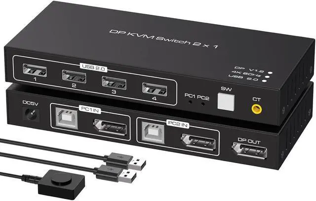 2 Port Displayport KVM Switch 4K 60Hz USB 2.0 DP 1.2 DP KVM Switches for 2 PC 1 Monitor Switch DP KVM Switch 2 in 1 Out Support Wire-Desktop Controller Including 2 USB 2.0 Cable