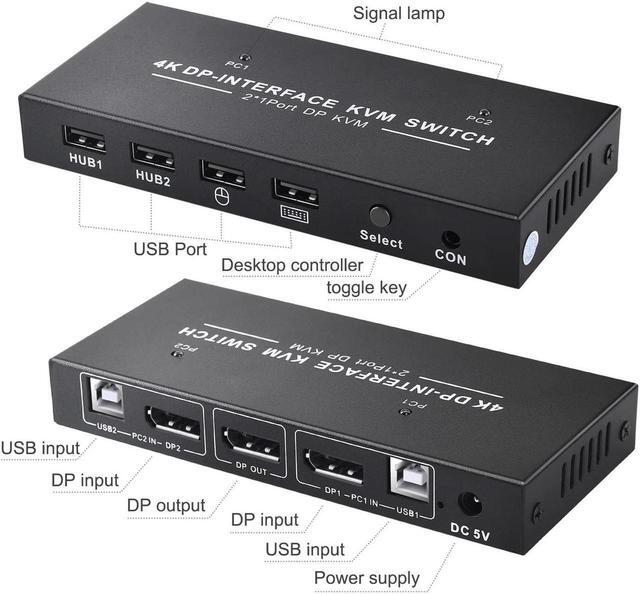 2 Port Displayport KVM Switch 4K 60Hz USB DP KVM 2 In 1 Out DP USB KVM Switch 2x1 For PC To Share Monitor Mouse Keyboard Printer