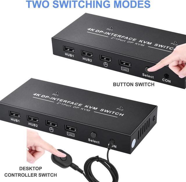 2 Port Displayport KVM Switch 4K 60Hz USB DP KVM 2 In 1 Out DP USB KVM Switch 2x1 For PC To Share Monitor Mouse Keyboard Printer