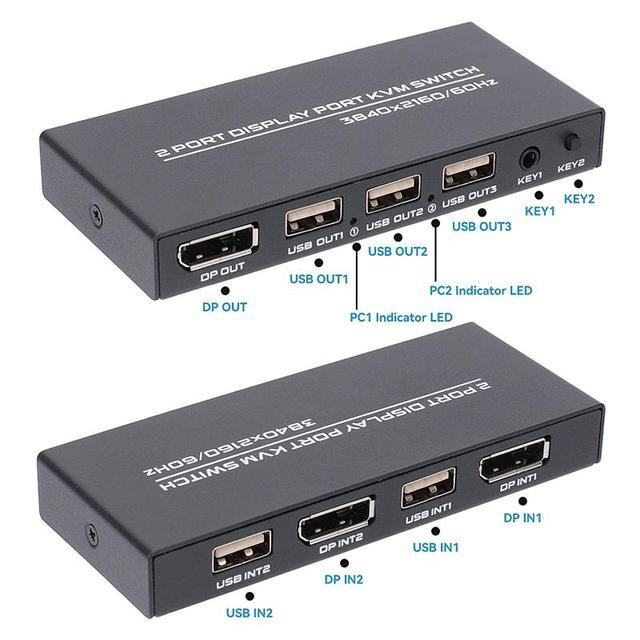 2 Port Displayport KVM Switch 4K 60Hz USB DP KVM 2 In 1 Out DP USB KVM Switch 2x1 For PC To Share Monitor Mouse Keyboard Printer(with Wired Remote )