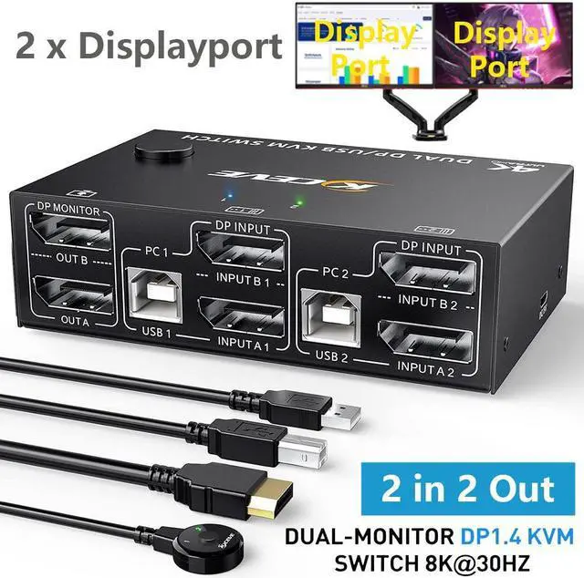 2 Port Displayport KVM Switch Dual Monitor 8K 30Hz DisplayPort1.4 KVM Switch 2 in 2 Out DP Extended Display KVM Switch for 2 Computers Share 2 Monitors and 4 USB 2.0 Ports Wired Remote and 4 Cables
