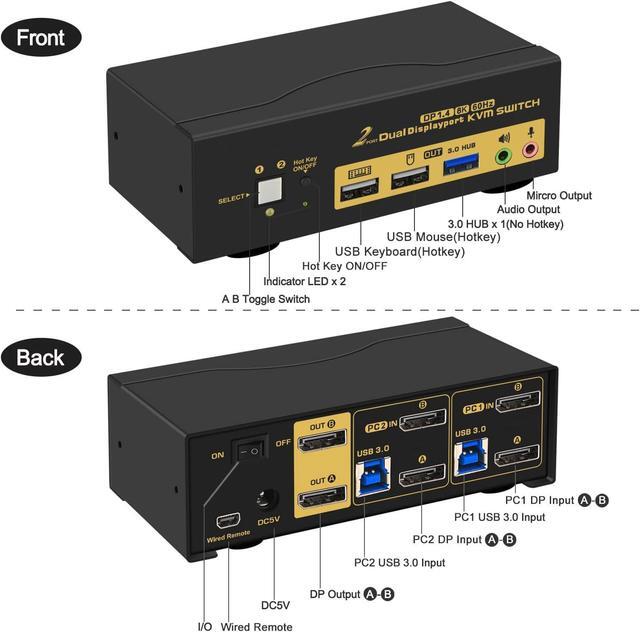2 Port Displayport KVM Switch Dual Monitor DisplayPort 1.4 USB 3.0 KVM Switch For 2 Computers 2 Monitor 4K 144Hz 8K 30Hz PC Screen Keyboard Mouse Peripheral Audio Sharing Selector With All Cables