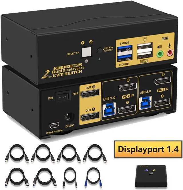 2 Port Displayport KVM Switch Dual Monitor DisplayPort 1.4 USB 3.0 KVM Switch for 2 Computers 2 Monitor 4K 144Hz 8K 30Hz PC Screen Keyboard Mouse Peripheral Audio Sharing Selector with All Cables