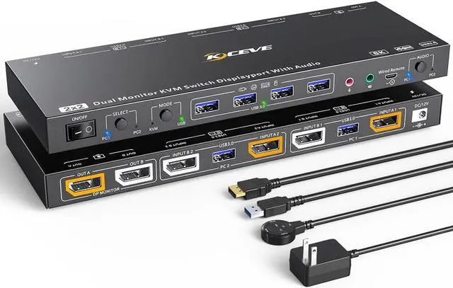 2 Port Displayport KVM Switch Dual Monitor Displayport KVM for 2 Computers 8K 30Hz/4K 144Hz Extend Display Support KVM Mode and USB Mode with Voice Control and Remote Control Include KVM Cables