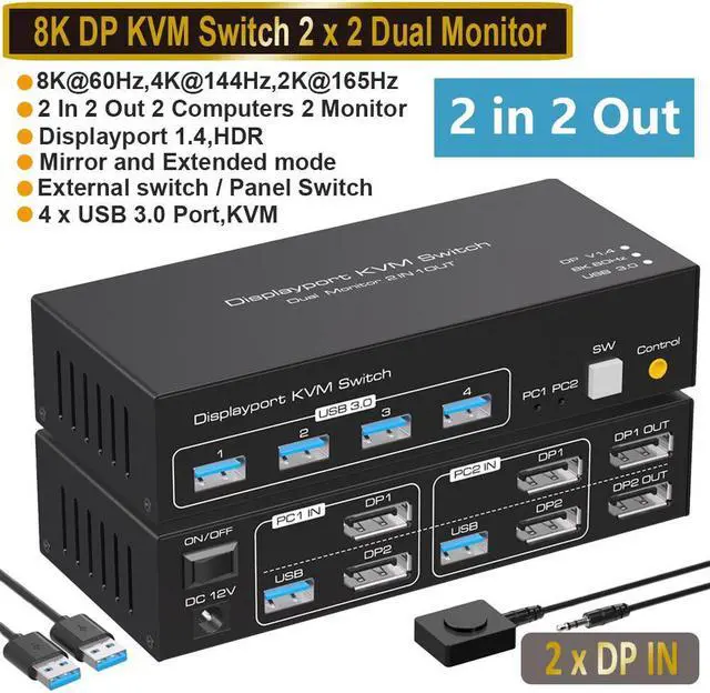2 Port DisplayPort KVM Switch Dual Monitor Support 8K 60Hz 4K 120Hz USB 3.0 DP KVM Switches 2 in 2 Out for 2 Computers share 2 Monitors and 4 USB devices with External Kit and Power Adapter