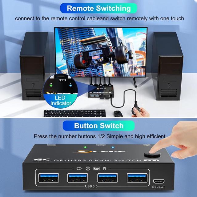 2 Port Displayport KVM Switch USB 3.0 DP KVM Switch 2 In 1 Out 3440x1440 144Hz 3840x2160 60Hz For 2 Computers Share 1 Monitor And 4 USB 3.0 Devices With 2 USB 3.0 Cables And Wired Controller