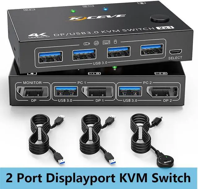 2 Port Displayport KVM Switch USB 3.0 DP KVM Switch 2 in 1 Out 3440x1440 144Hz 3840x2160 60Hz for 2 Computers Share 1 Monitor and 4 USB 3.0 Devices with 2 USB 3.0 Cables and Wired Controller